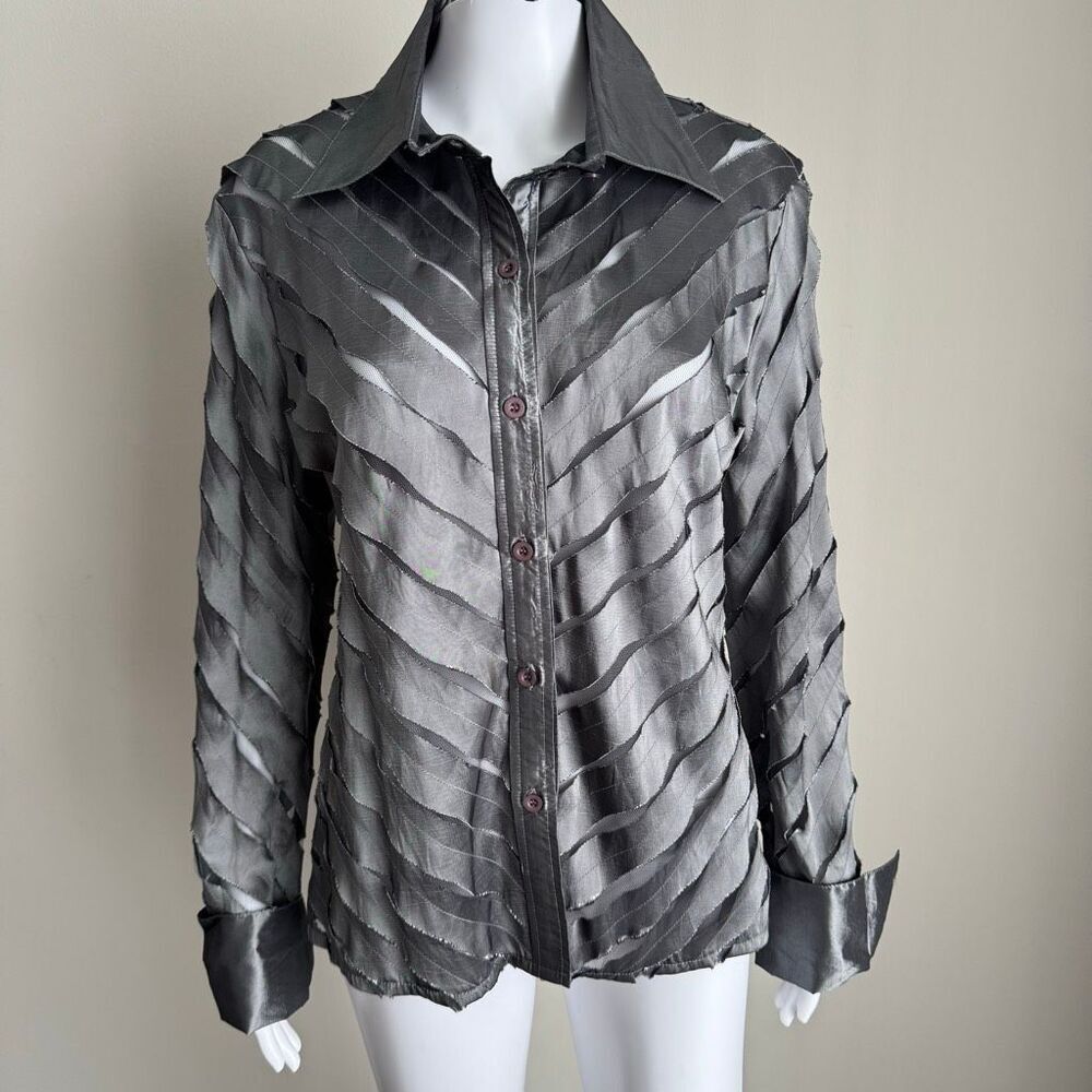 Eva Silver Shimmer Sheer Cut Out Deconstructed Button Up Shirt